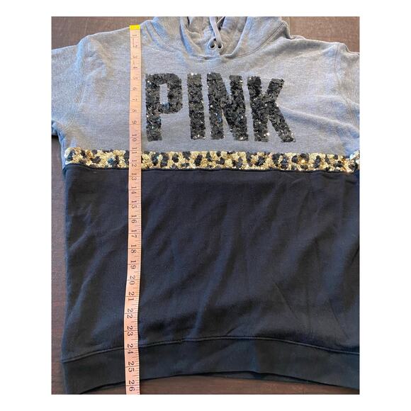 Victoria’s Secret PINK Sequin Leopard Colorblock Hoodie Sweatshirt Med Bling - Picture 7 of 9